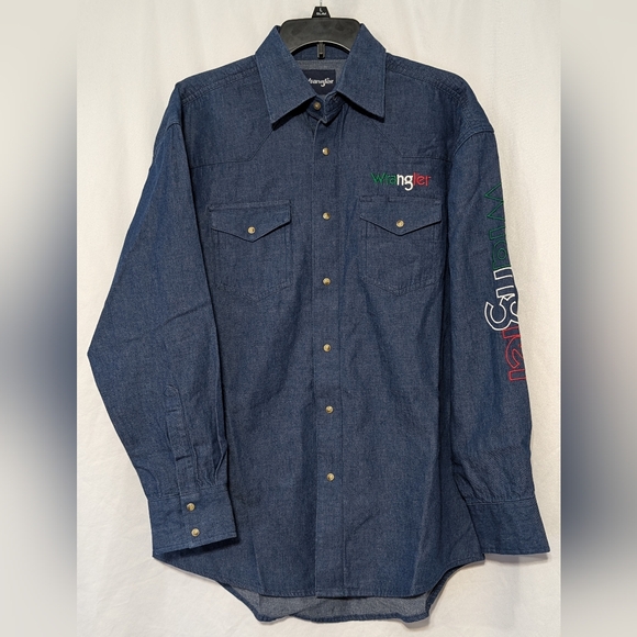 NWT Wrangler Mexican Flag Western Snap Button Indigo Denim Shirt Size Medium - Picture 2 of 11